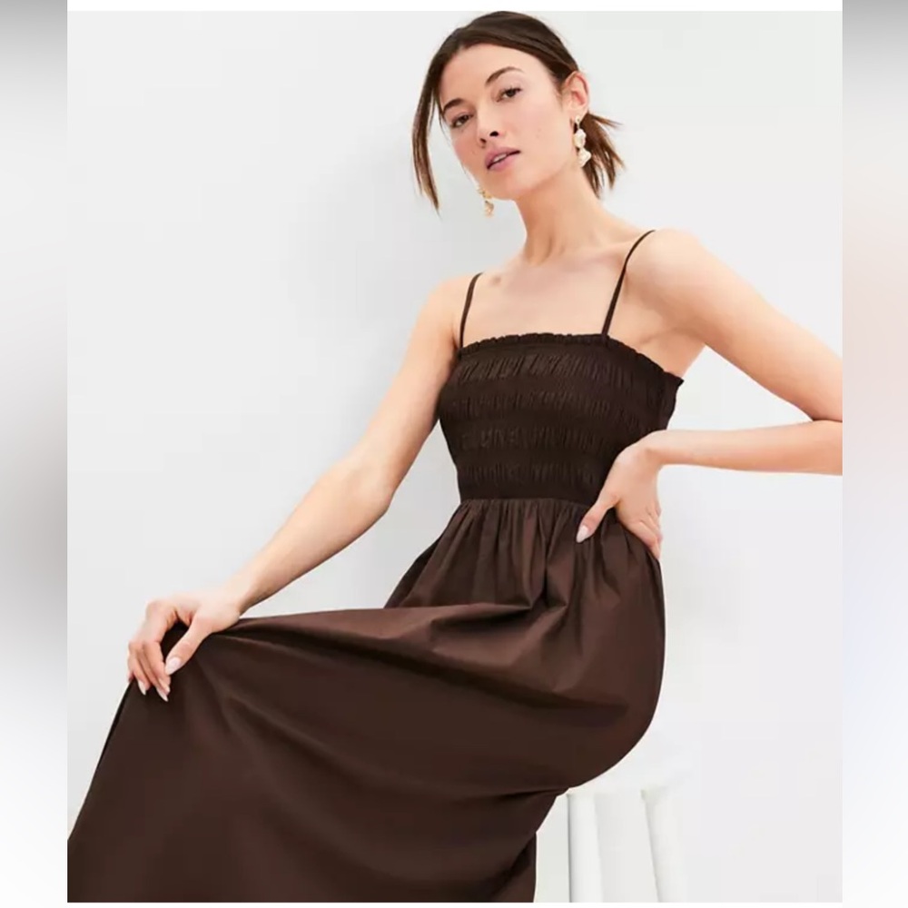 LOFT Chocolate Brown Smocked Bodice Spaghetti Strap Maxi Dress SZ MP